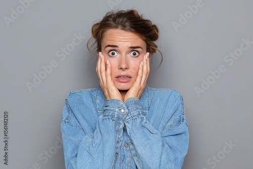 Close up photo amazing beautiful she her lady look big full fear eyes open mouth oh no expression despair displeased wearing casual jeans denim shirt clothes outfit isolated grey background 
