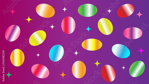 Caramel in an oval shape. Purple background with multicolored caramel gift packaging design