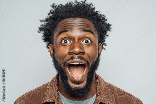 Close up photo happy surprised excited face miracle good news amazing rejoice saying wow African American ethnic man open mouth wide surprise male at home insurance loan owner achieve success 