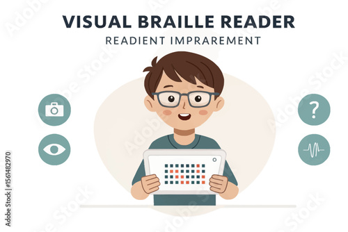 Visual Braille Reader:  A digital illustration depicts a young boy engrossed in reading, showcasing the transformative potential of technology for individuals with visual impairments.