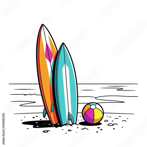 Two surfboards and a beach ball on the sand near the ocean, isolated on white background