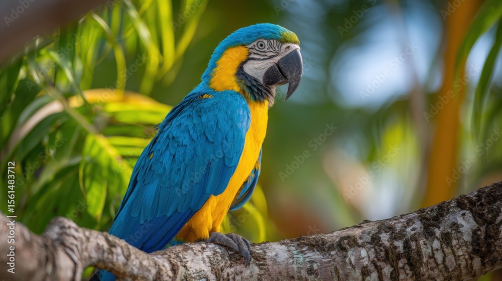 Obraz premium Vibrant Blue and Yellow Macaw Parrot Perched on Tree Branch in Tropical Jungle Scene.