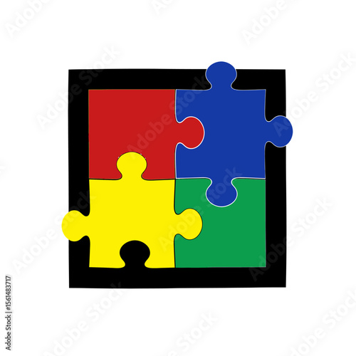 Four colorful jigsaw puzzle pieces fit together in a black square frame, isolated on white background