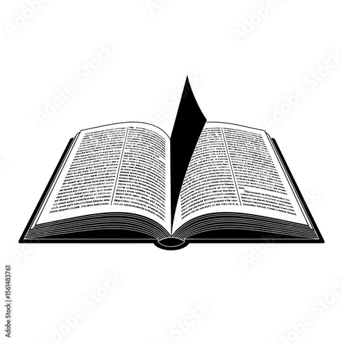 An open book with pages filled with text is displayed, isolated on white background