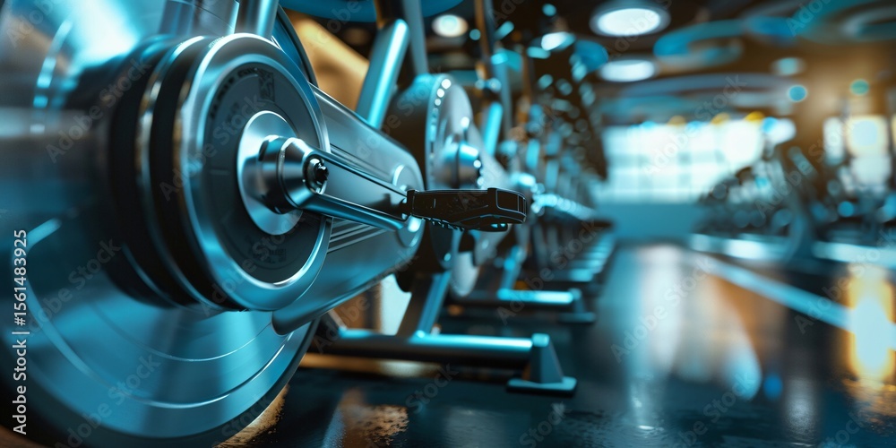 Fototapeta premium A row of stationary exercise bikes in a modern gym, ready for a workout session