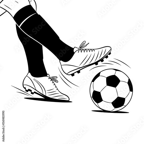 A black and white vector illustration of a soccer player kicking a ball, isolated on a white background, capturing the action