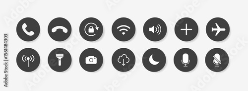 Minimalist vector icon set with round black UI buttons: phone, sound, airplane mode, lock, mic, flashlight, and more. Ideal for app, UX and UI, dashboard or mobile interfaces.