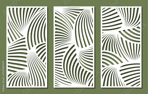 Rectangular panels set. Vertical grilles, screens, art objects, triptych, interior decoration, three wall paintings with abstract pattern. Vector template for plotter laser cutting of paper, cnc.