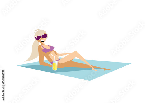 Happy  woman in bikini with a drink sunbathing on the beach