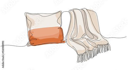 Pillow and plaid – one-line doodle drawing with watercolor fill, minimal vector for bedding store