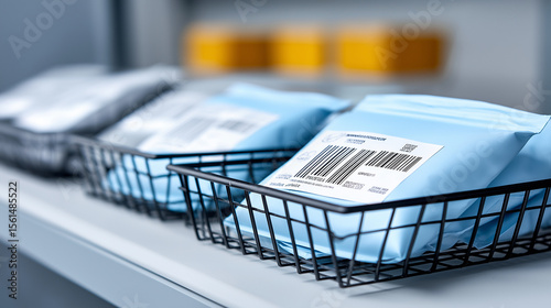 Light blue padded envelopes with barcodes and shipping labels are waiting to be sorted in black metal baskets in a distribution warehouse processing facility