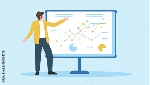Man presenting data on a whiteboard with colorful graphs and pie charts in a business meeting room