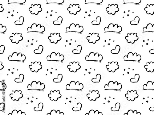 Doodle seamless pattern with hand drawn black sketch elements, Includes playful clouds, hearts, dots on white background. Crayon style texture with a fun, artistic vibe. Perfect for kids products