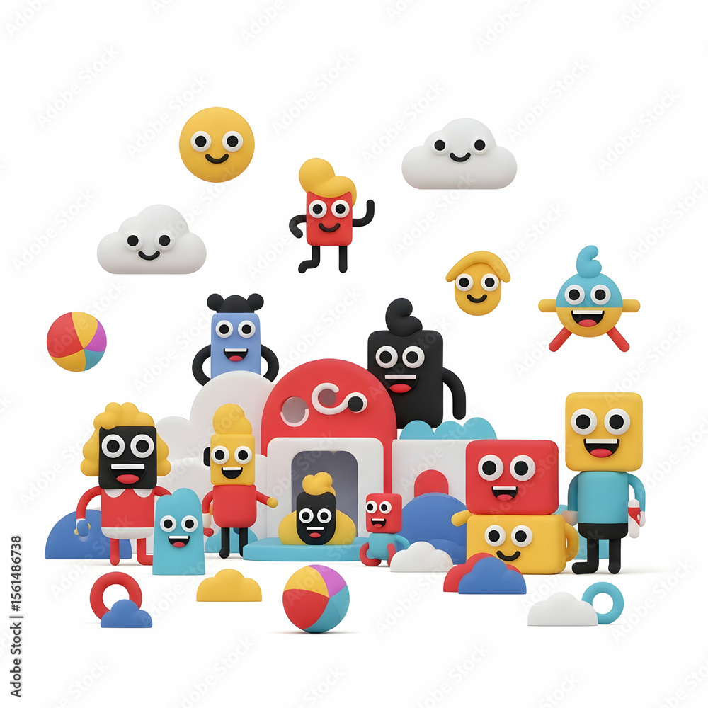 Fototapeta premium Playful cartoon figurines with colorful toys and clouds on a white background