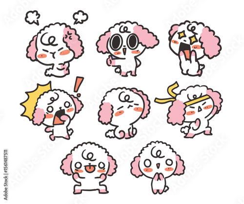 A set of seven pinkeared cartoon dogs with different expressions are arranged in a semicircle on a white background
