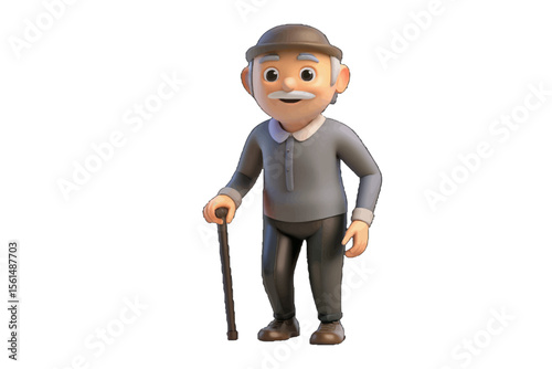 Elderly Man With Cane: A digitally rendered elderly gentleman, complete with a bowler hat, silver mustache, and a supportive cane, embodying grace and wisdom, captured in a pristine digital image.