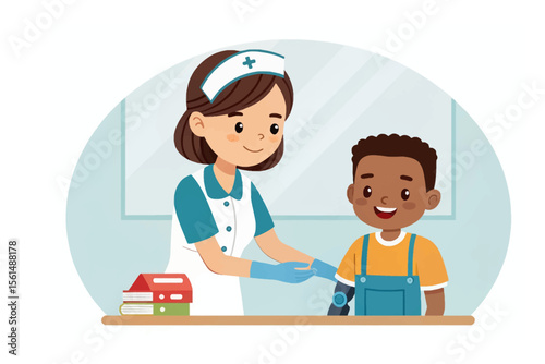 A Caring Nurse bandaging Arm of the boy: a tender and compassionate nurse gently tends to a young boy's injured arm, wrapping it with a clean bandage in a display of skilled care and empathy.