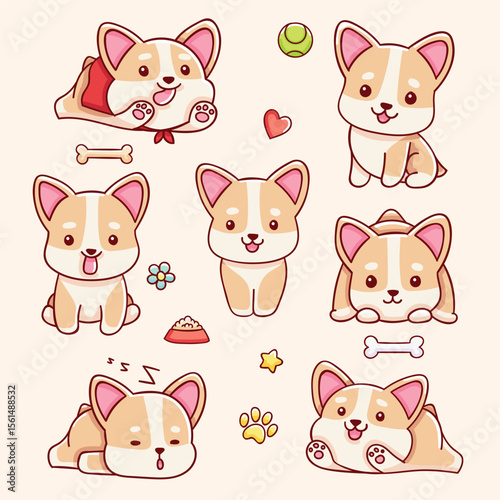 Corgi cartoon collection features playful cute designs on a light background