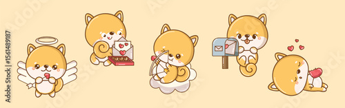 Five cartoon Shiba Inu puppies express love with letters chocolates a mailbox cupids bow and hearts