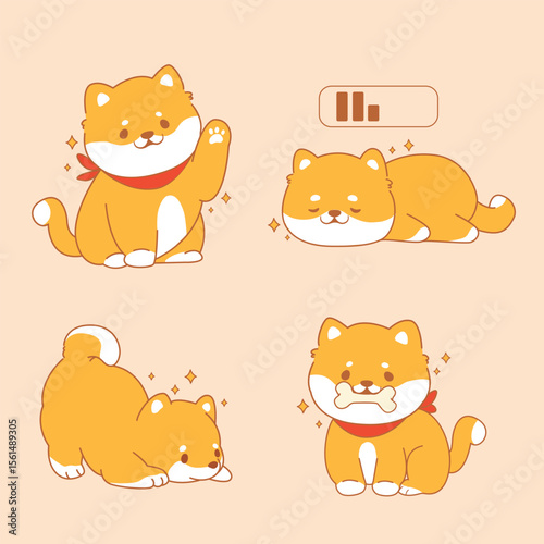 Four cartoon Shiba Inu dogs in various poses against a beige background