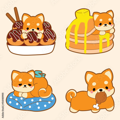 Four shiba inu pups with food takoyaki pancakes cushion  drumstick on a beige background