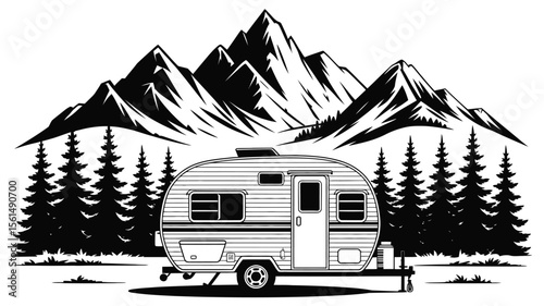 Vintage Camper Van in Mountain Landscape Illustration