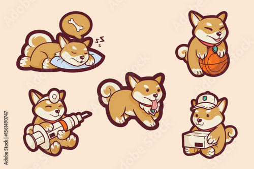 Shiba Inu dogs in various roles sleeping playing basketball doctor walking  delivery on a light background