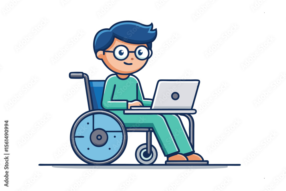 Fototapeta premium Digital Accessibility: A charming illustration depicts a person with a disability, comfortably seated in a wheelchair, engrossed in their laptop. conveying inclusion and empowerment.