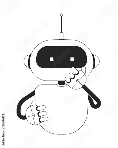 Curious robot holding chin in thought 2D line character. Artificial intelligence, problem-solving. Robotic technology isolated vector ink outline personage. Monochromatic spot illustration