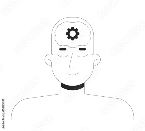 Human mind with brain gear symbol 2D line character. Thinking head, creativity, mental processing in artificial intelligence isolated vector ink outline person. Monochromatic spot illustration
