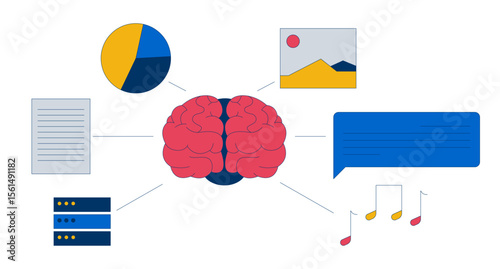 Brain with data input sources 2D illustration concept. AI cognitive neural activity with visual, musical, textual, analytic elements cartoon objects isolated on white. Flat abstract vector metaphor
