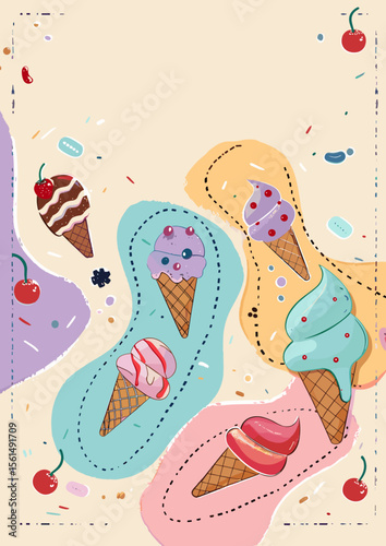 Ice cream cones with various flavors and colorful swirls background  