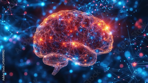 Futuristic Glowing Wireframe Brain with Neural Network and Connection Points