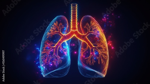 Glowing Neon Anatomical Lung Illustration on Dark Background for Medical Concepts