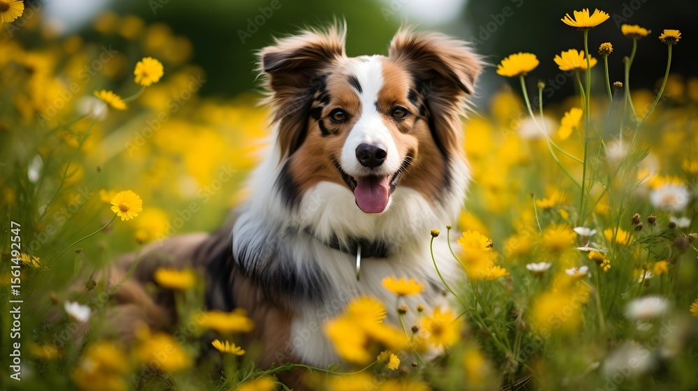 Fototapeta premium An adorable Australian Shepherd with fluffy red and white fur rests among bright yellow flowers and daisies isummer field. Sunlight highlights its joyful gaze and open mouth with tongue out, conveying