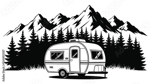 Vintage Camper Van Parked in Mountain Forest