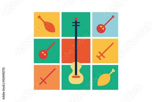 Collection of colorful flat design stringed musical instruments