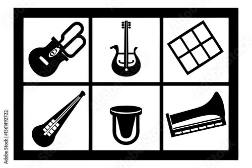 Collection of stylized musical instruments and symbols in black and white