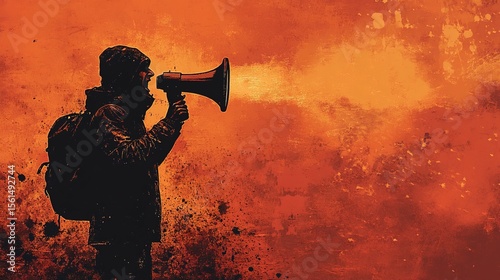 Silhouette Intense Man with Megaphone on Distressed Grunge Orange Background
