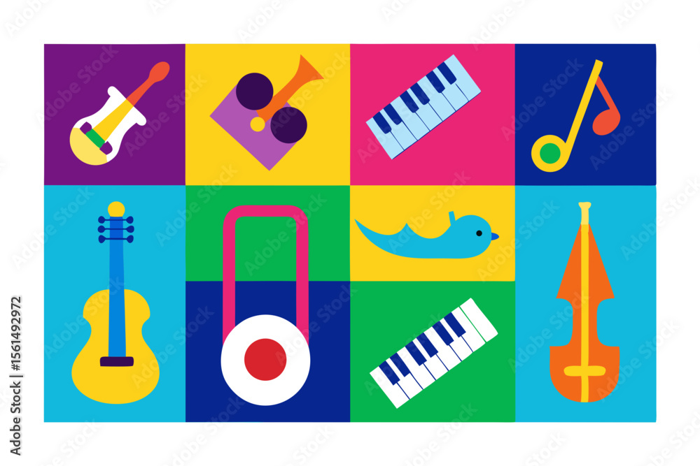 Fototapeta premium Colorful geometric musical instruments and objects collage