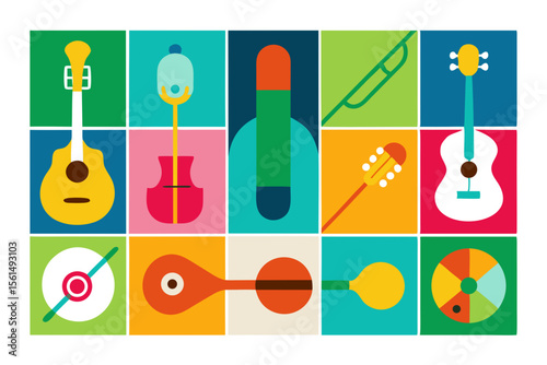 Colorful collection of stylized musical instruments and accessories