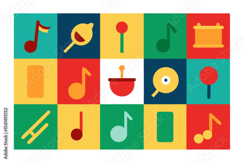 Colorful grid of musical notes and toys with a retro flat design