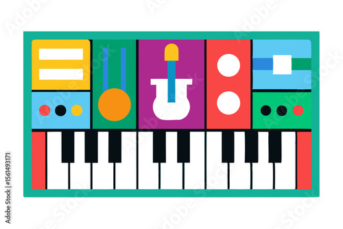Colorful abstract synthesizer with piano keys and control buttons