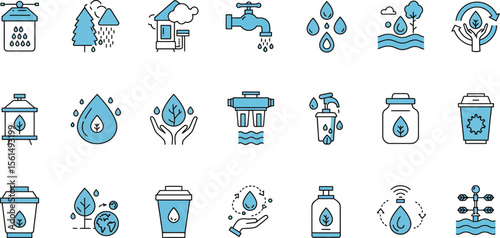 Water Conservation Icons Sustainable Resources and Eco-Friendly Practices