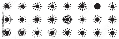  sun icons set, sunshine and solar glow, sunrise or sunset. Decorative circle full and half sun and sunlight.