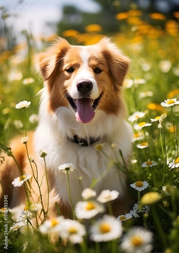 An adorable Australian Shepherd with fluffy red and white fur rests among bright yellow flowers and daisies isummer field. Sunlight highlights its joyful gaze and open mouth with tongue out, conveying