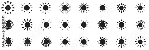  sun icons set, sunshine and solar glow, sunrise or sunset. Decorative circle full and half sun and sunlight.