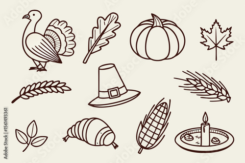 Charming hand drawn thanksgiving icons featuring turkey pumpkin corn and fall leaves