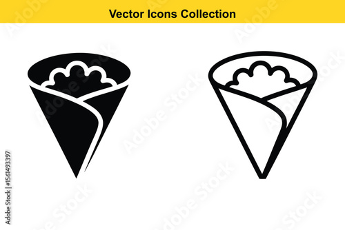 Two vector icons of a rolled food item in a cone shape one solid and one outline