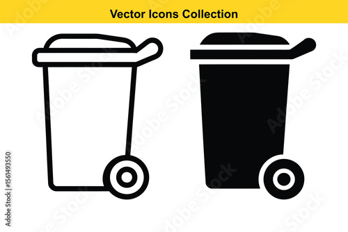 Two black and white vector icons of wheeled trash cans side by side